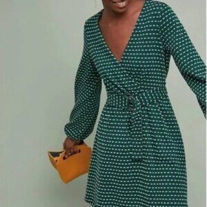 NWT Anthropologie Maeve Malta Green and White Dots Faux Wrap Belted Dress XS